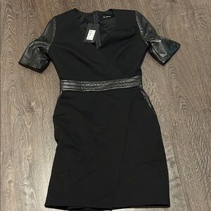 The Kooples Black Mini Dress with Leather Sleeves